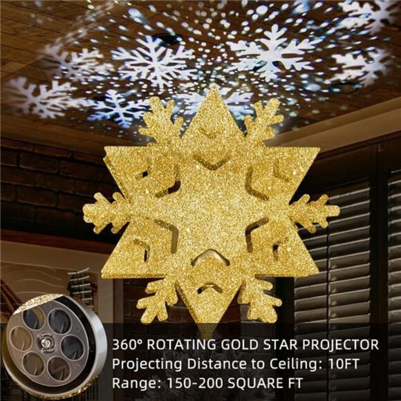 Christmas Tree Topper, 8" Gold Tree Star with Projector Lights 6-Pointed Lighted - Picture 3 of 8